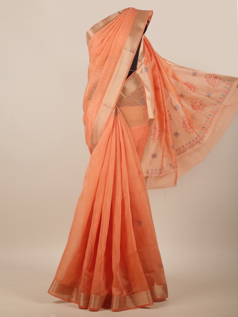 

Pothys Orange & Silver-Toned Floral Embroidered Linen Blend Saree