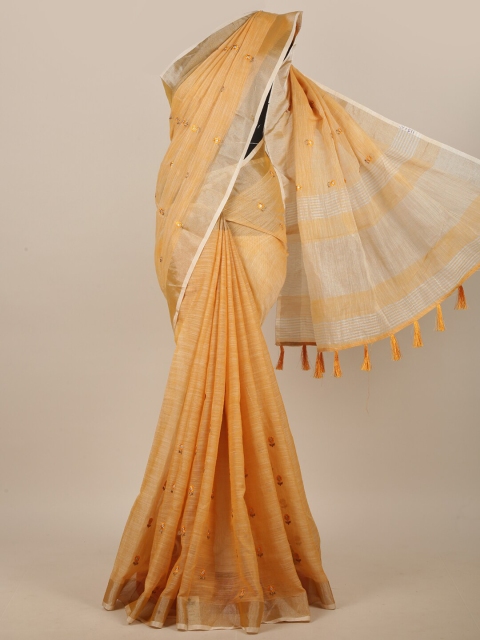 

Pothys Mustard & Silver-Toned Floral Embroidered Linen Blend Saree