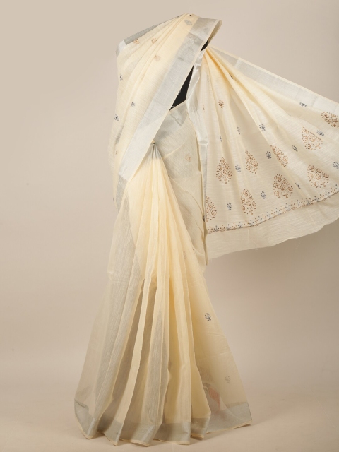 

Pothys Cream-Coloured & Silver-Toned Ethnic Motifs Embroidered Linen Blend Saree