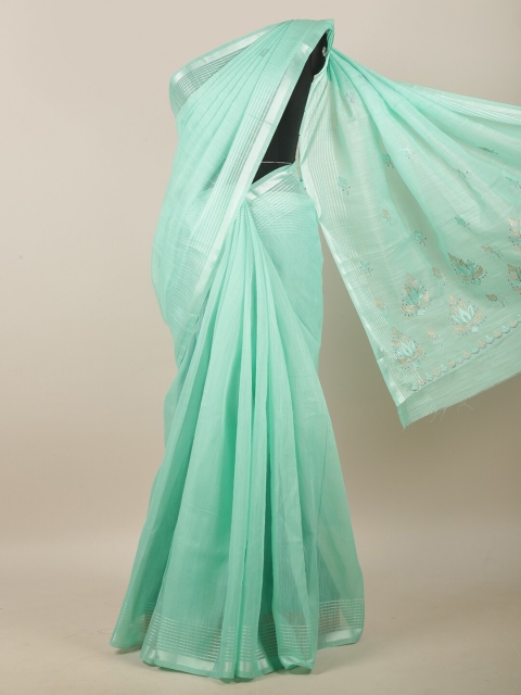 

Pothys Green & Silver-Toned Ethnic Motifs Embroidered Linen Blend Saree