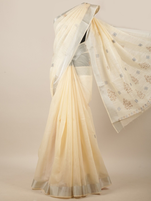 

Pothys Cream-Coloured & Grey Floral Embroidered Linen Blend Saree