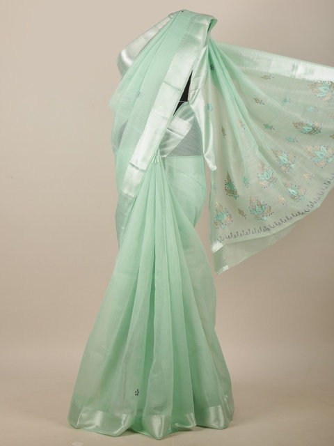 

Pothys Green & Silver-Toned Ethnic Motifs Embroidered Zari Linen Blend Saree