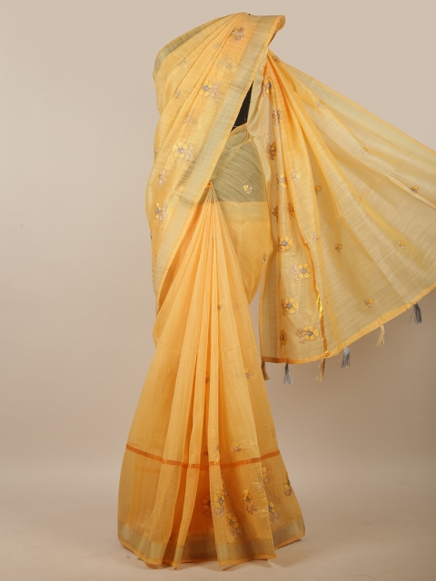 

Pothys Yellow & Silver-Toned Ethnic Motifs Embroidered Linen Blend Saree