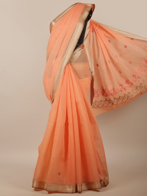 

Pothys Orange & Silver-Toned Ethnic Motifs Embroidered Linen Blend Saree