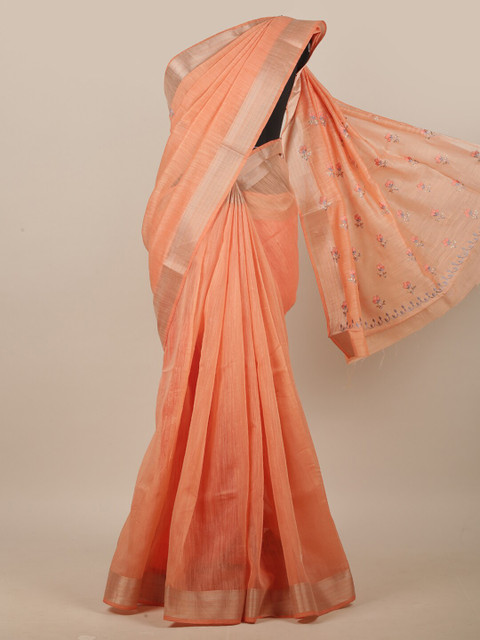 

Pothys Peach-Coloured & Grey Floral Embroidered Linen Blend Saree