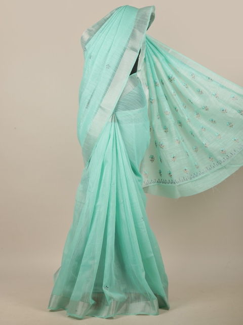 

Pothys Blue & Silver-Toned Floral Embroidered Linen Blend Saree