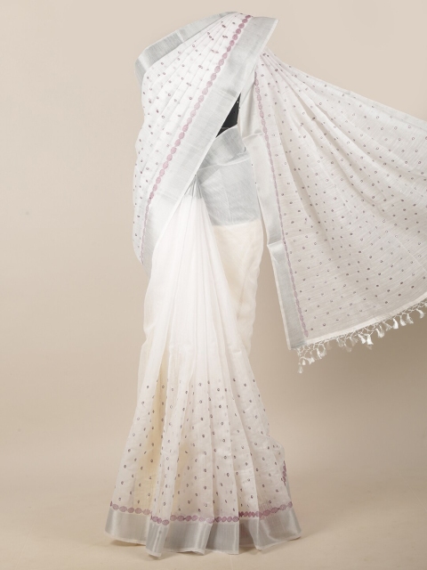 

Pothys White & Lavender Embroidered Linen Blend Saree