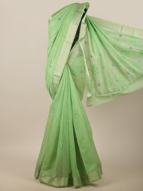 

Pothys Green & Silver-Toned Ethnic Motifs Embroidered Linen Blend Saree