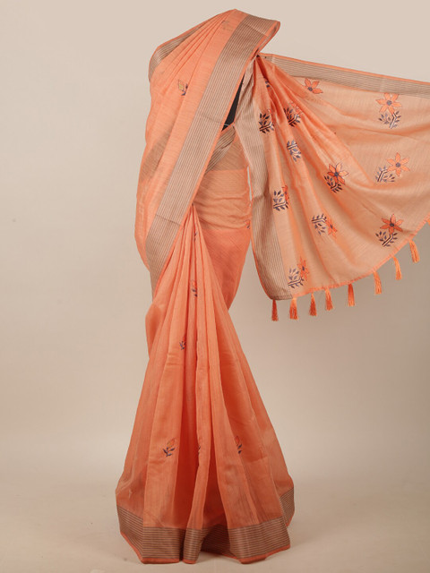 

Pothys Orange & Silver-Toned Floral Embroidered Linen Blend Saree