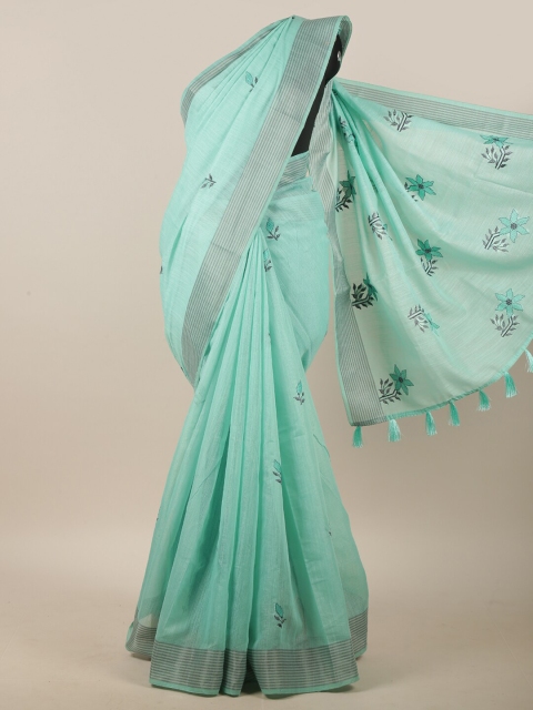 

Pothys Sea Green & Grey Floral Embroidered Linen Blend Saree