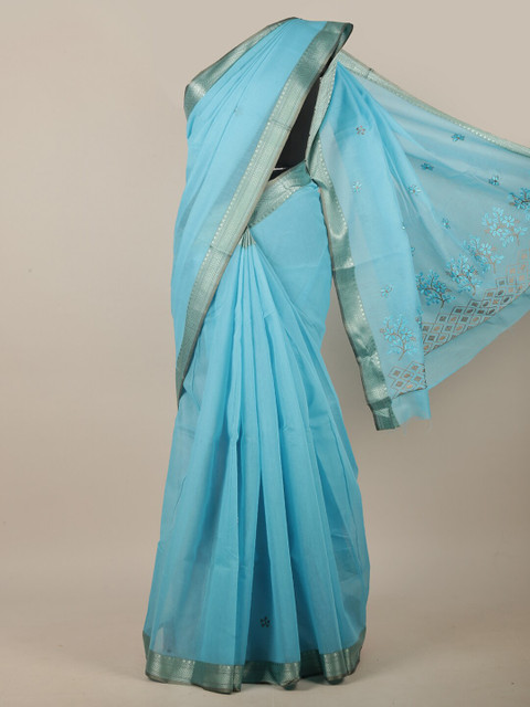 

Pothys Blue & Silver-Toned Floral Embroidered Zari Linen Blend Saree