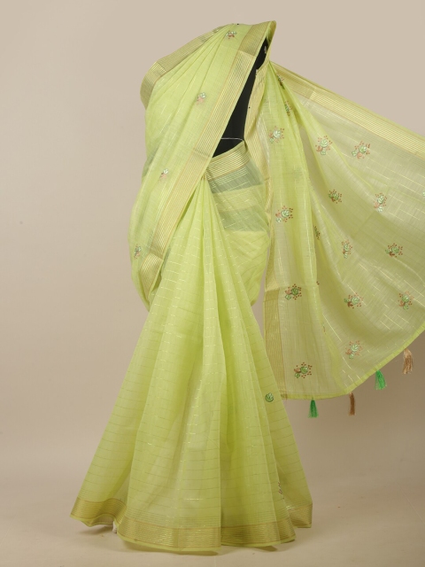 

Pothys Green & Gold-Toned Floral Embroidered Linen Blend Saree