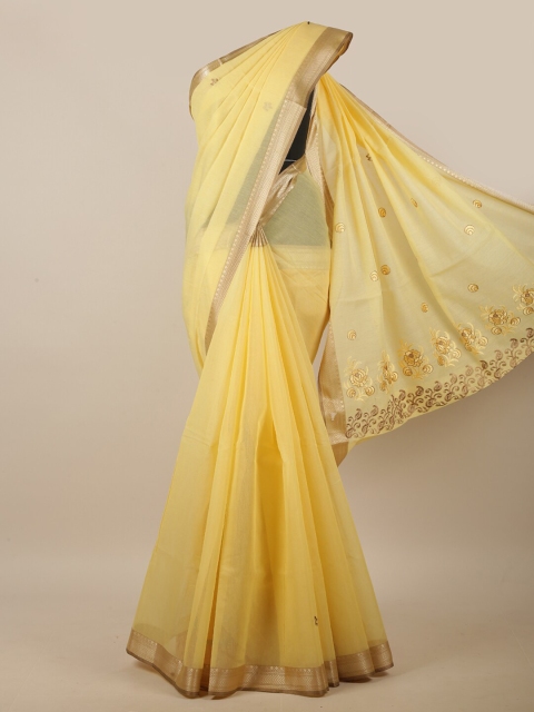 

Pothys Yellow & Brown Floral Embroidered Linen Blend Saree
