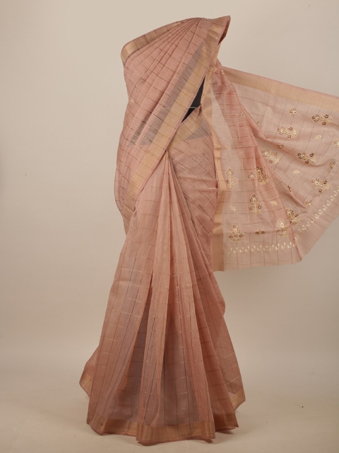 

Pothys Brown & Gold-Toned Striped Embroidered Linen Blend Saree