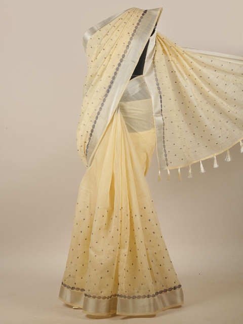 

Pothys Cream-Coloured & Silver-Toned Embroidered Zari Linen Blend Saree
