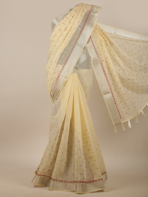 

Pothys Cream-Coloured & Silver-Toned Embroidered Linen Blend Saree