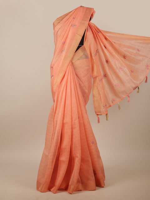 

Pothys Coral & Gold-Toned Floral Embroidered Linen Blend Saree