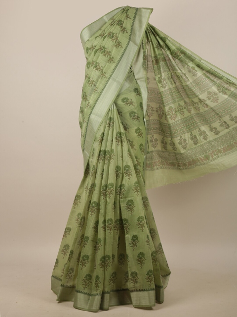 

Pothys Green & Silver-Toned Floral Printed Zari Saree