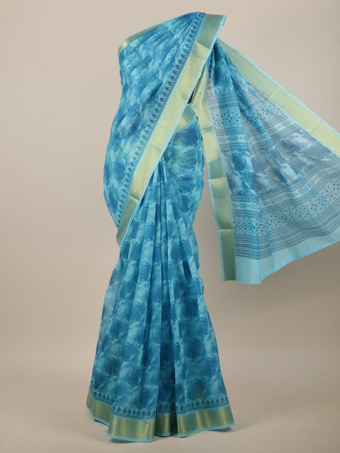 

Pothys Blue & Gold-Toned Floral Printed Saree