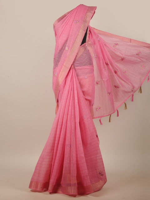 

Pothys Pink & Gold-Toned Ethnic Motifs Embroidered Linen Blend Saree