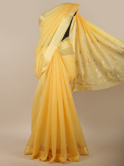 

Pothys Yellow & Silver-Toned Floral Embroidered Linen Blend Saree