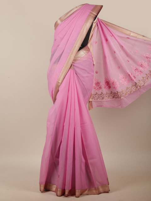 

Pothys Pink & Gold-Toned Floral Embroidered Linen Blend Saree