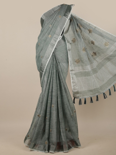 

Pothys Green & Gold-Toned Ethnic Motifs Embroidered Linen Blend Saree