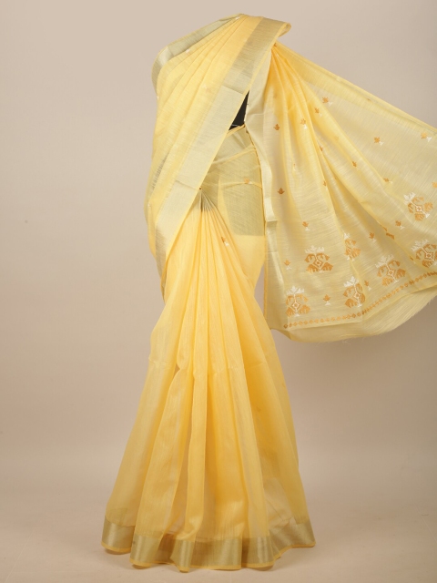 

Pothys Yellow & Brown Embroidered Linen Blend Saree