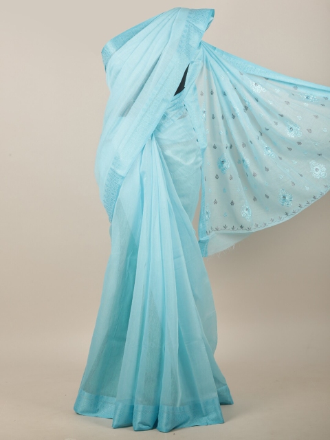 

Pothys Blue & Silver-Toned Floral Embroidered Linen Blend Saree