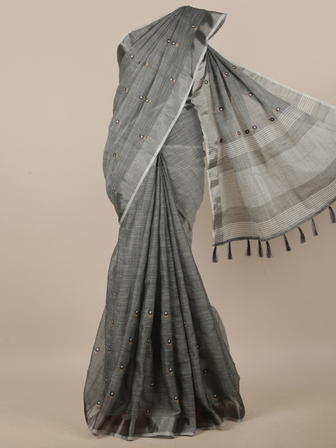 

Pothys Grey & Black Floral Embroidered Zari Linen Blend Saree