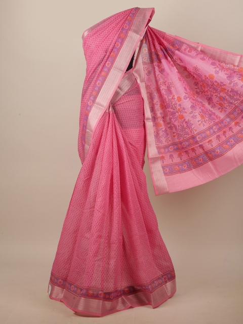 

Pothys Pink & Silver-Toned Ethnic Motifs Printed Saree