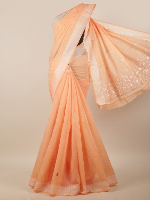 

Pothys Orange & Silver-Toned Floral Embroidered Zari Linen Blend Saree