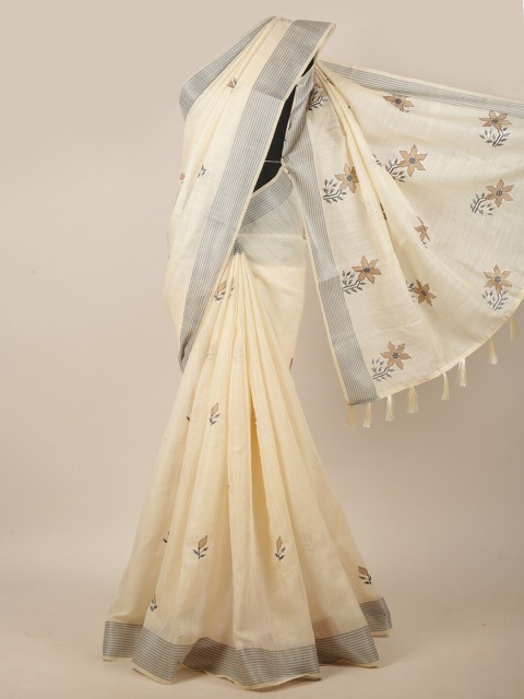 

Pothys Cream-Coloured & Black Floral Embroidered Linen Blend Saree