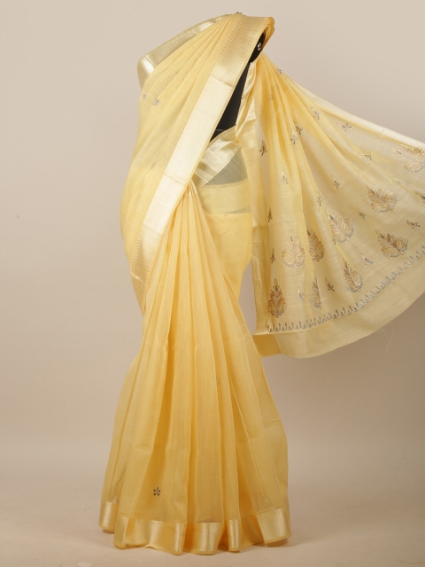 

Pothys Yellow & Grey Floral Embroidered Linen Blend Saree