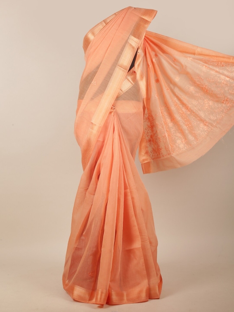 

Pothys Orange & Rust Floral Embroidered Linen Blend Saree
