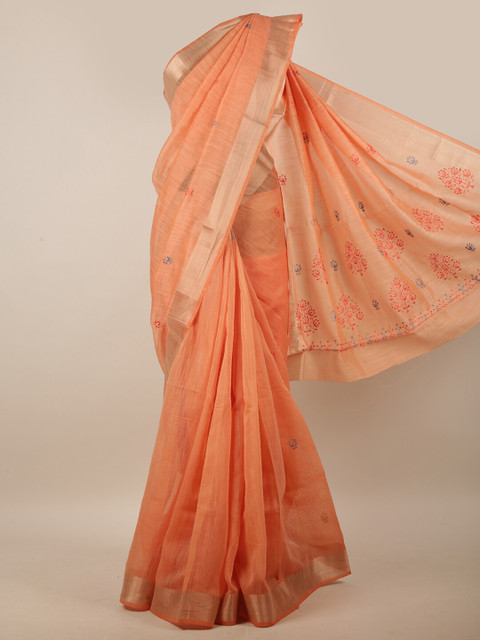 

Pothys Orange & Silver-Toned Floral Embroidered Zari Linen Blend Saree