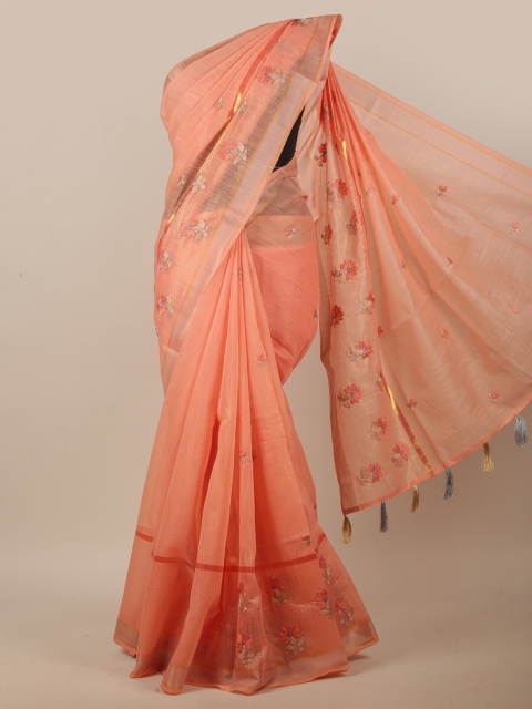 

Pothys Orange & Grey Floral Embroidered Linen Blend Saree