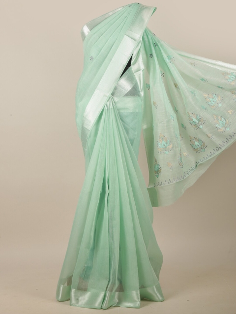 

Pothys Green & Grey Floral Embroidered Linen Blend Saree