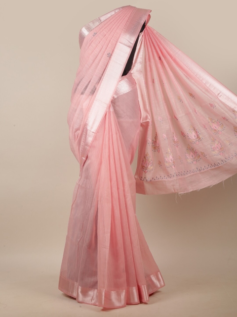 

Pothys Pink & Silver-Toned Floral Embroidered Zari Linen Blend Saree