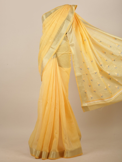 

Pothys Yellow & Silver-Toned Floral Embroidered Linen Blend Saree