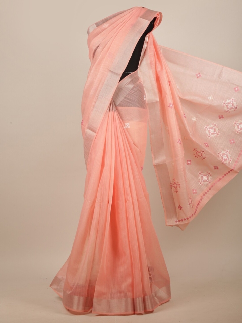 

Pothys Peach-Coloured & Silver-Toned Embroidered Linen Blend Saree