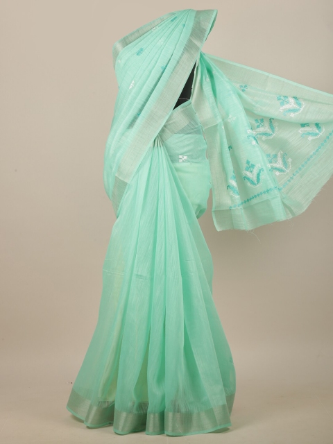 

Pothys Green & White Floral Embroidered Linen Blend Saree
