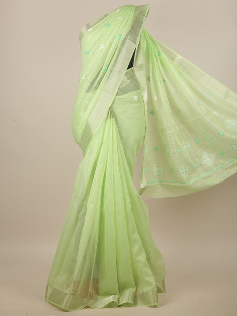 

Pothys Green & Silver-Toned Floral Embroidered Linen Blend Saree