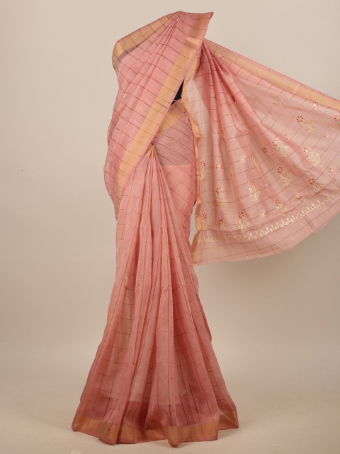 

Pothys Pink & Gold-Toned Ethnic Motifs Embroidered Linen Blend Saree