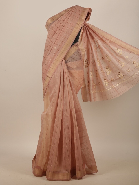 

Pothys Brown & Beige Striped & Embroidered Linen Blend Saree