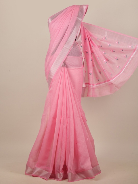 

Pothys Pink & Blue Floral Embroidered Linen Blend Saree