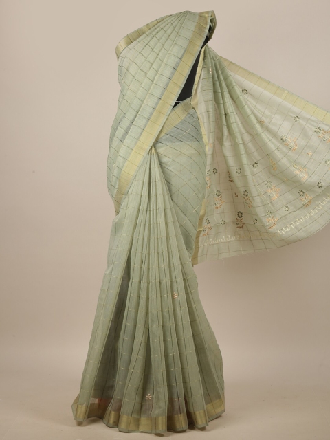 

Pothys Green & Gold-Toned Floral Embroidered Zari Linen Blend Saree