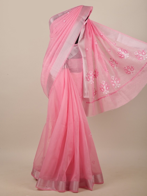 

Pothys Pink & White Ethnic Motifs Embroidered Linen Blend Saree