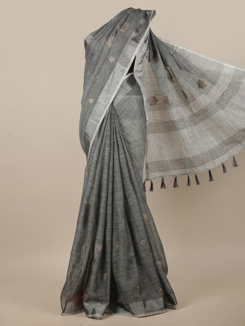 

Pothys Grey & Silver-Toned Floral Embroidered Linen Blend Saree