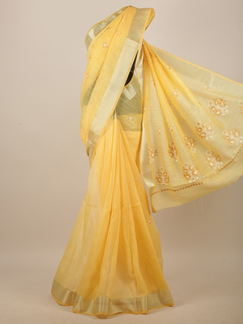 

Pothys Yellow & Silver-Toned Embroidered Zari Linen Blend Saree